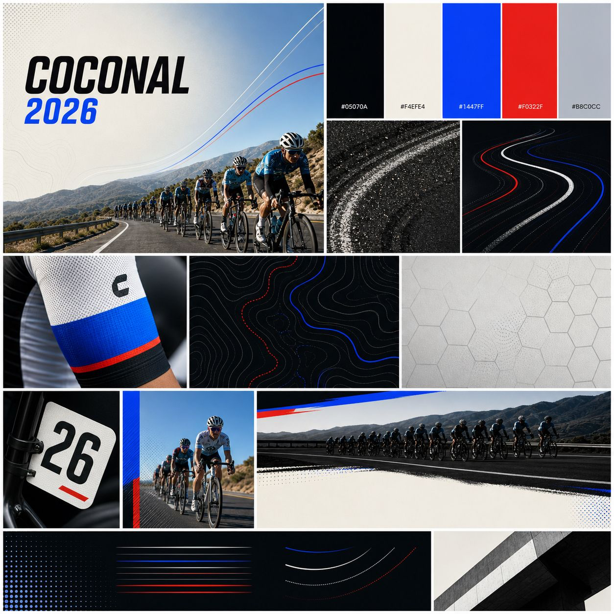 Moodboard Coconal 2026 con ciclistas, jersey, paleta azul roja y negra